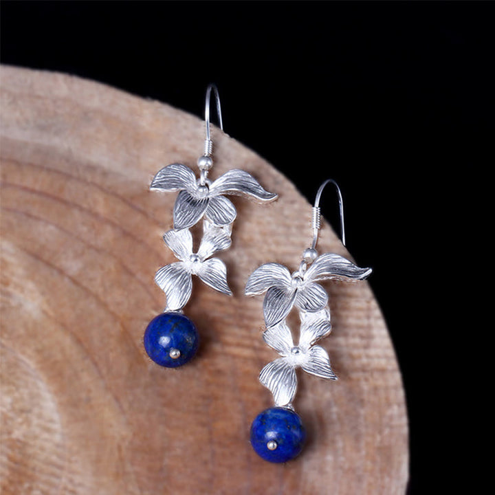 Pendientes colgantes con flores de estilo étnico de lazurita y plata de ley 925 con Buddha Stones