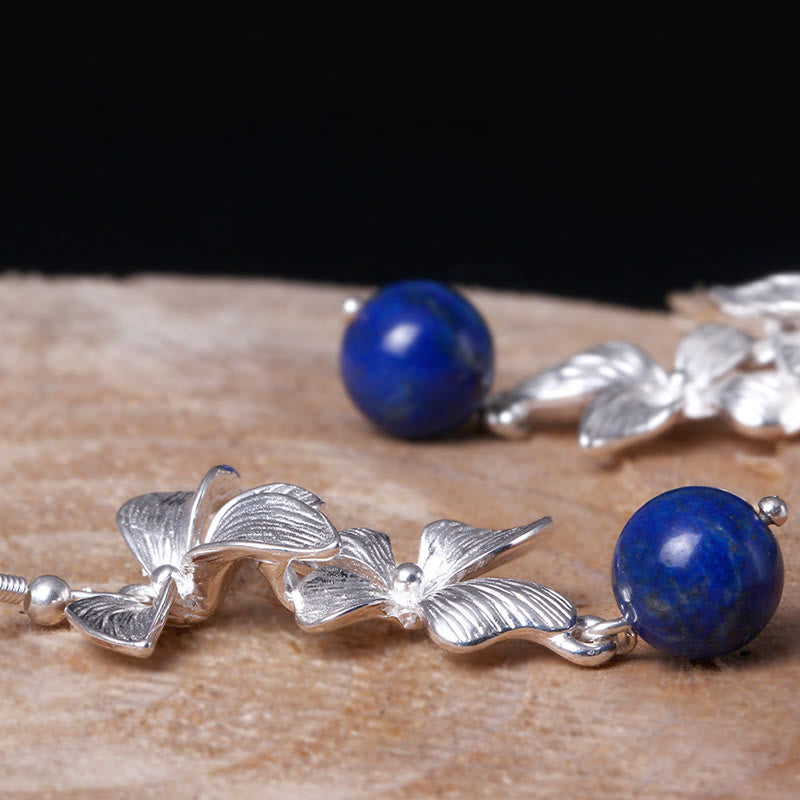 Pendientes colgantes con flores de estilo étnico de lazurita y plata de ley 925 con Buddha Stones