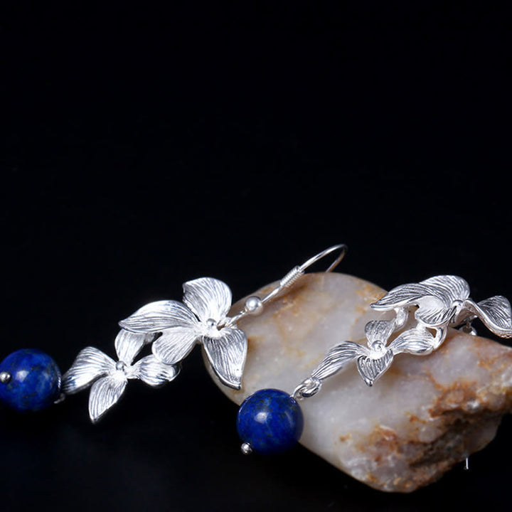 Pendientes colgantes con flores de estilo étnico de lazurita y plata de ley 925 con Buddha Stones