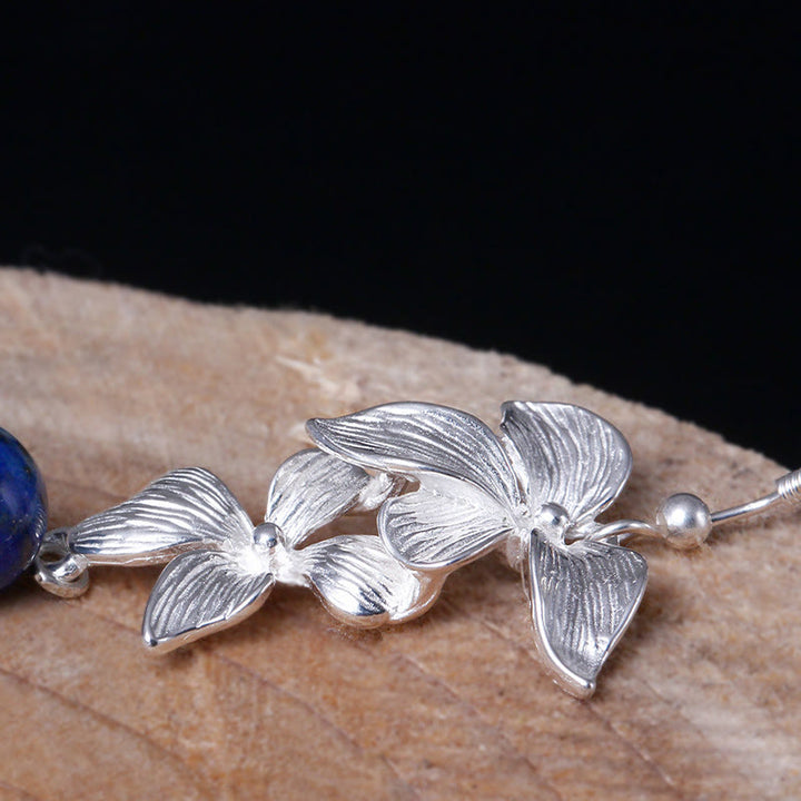 Pendientes colgantes con flores de estilo étnico de lazurita y plata de ley 925 con Buddha Stones