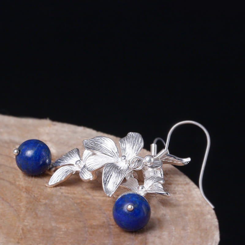 Pendientes colgantes con flores de estilo étnico de lazurita y plata de ley 925 con Buddha Stones