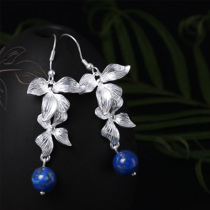 Pendientes colgantes con flores de estilo étnico de lazurita y plata de ley 925 con Buddha Stones