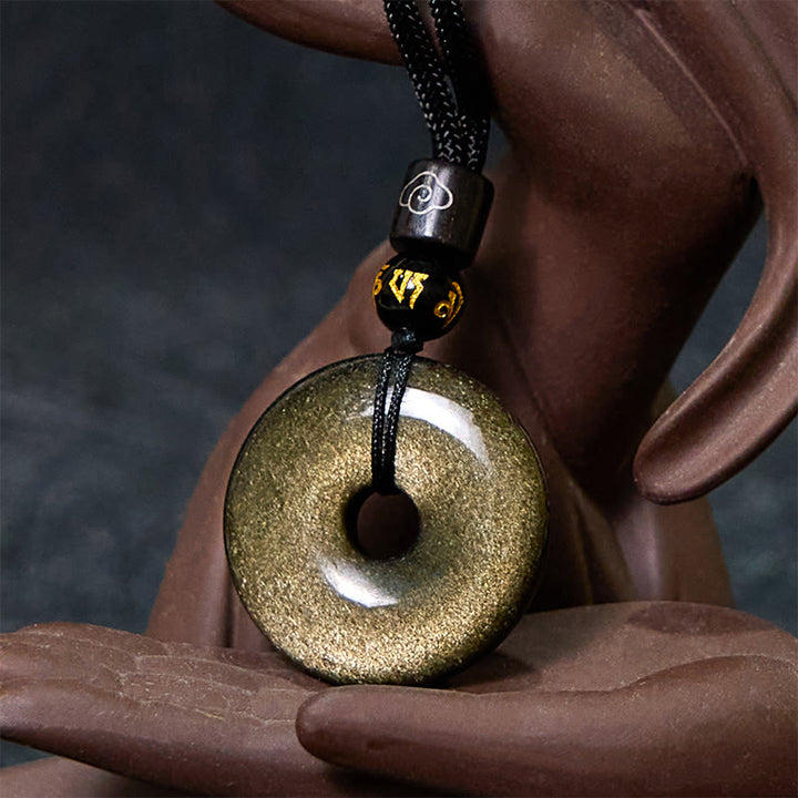 Colgante con hebilla de paz de obsidiana con brillo dorado natural y Buddha Stones