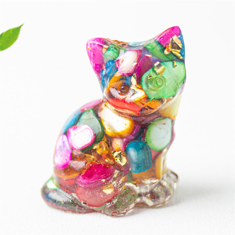 Buddha Stones Gato sentado, resina, grava, cristal rosa, citrino, cristal blanco, lapislázuli, decoración relajante para escritorio - Concha colorida - Aproximadamente 3,2*3,3*4 cm - image 11