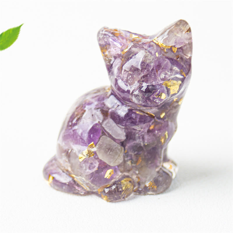Buddha Stones Gato sentado, resina, grava, cristal rosa, citrino, cristal blanco, lapislázuli, decoración relajante para escritorio - Amatista - Aproximadamente 3,2*3,3*4 cm - image 16