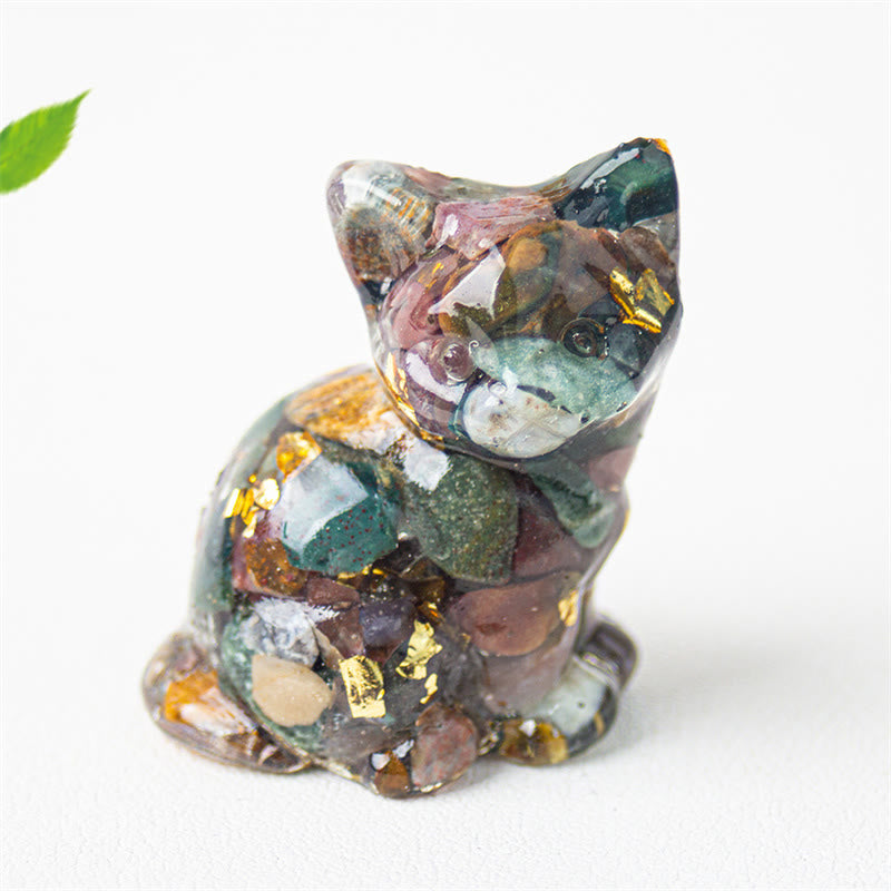 Buddha Stones Gato sentado, resina, grava, cristal rosa, citrino, cristal blanco, lapislázuli, decoración relajante para escritorio - Jaspe de sedimentos marinos - Aproximadamente 3,2*3,3*4 cm - image 34