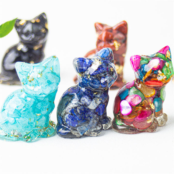 Buddha Stones Gato sentado, resina, grava, cristal rosa, citrino, cristal blanco, lapislázuli, decoración relajante para escritorio - image 0