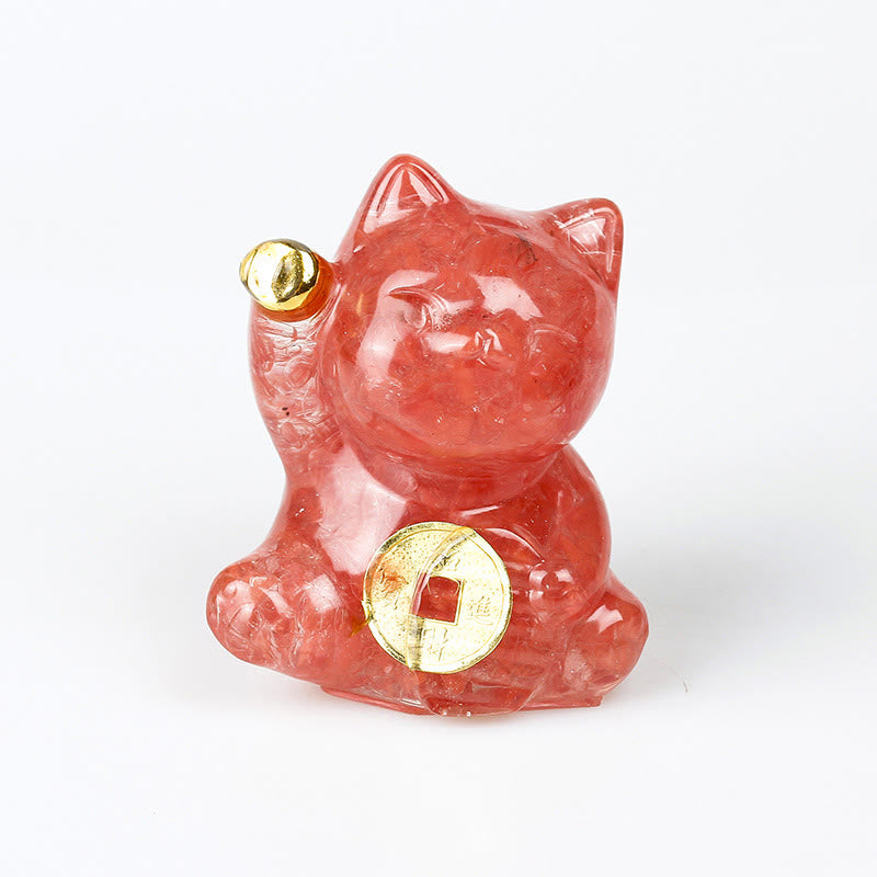 Buddha Stones Moneda de cobre con forma de gato de la suerte, turquesa, labradorita, cristal rosa y amatista. Decoración para el hogar. - Cuarzo rojo - Aproximadamente 5,5*6*4 cm - image 9