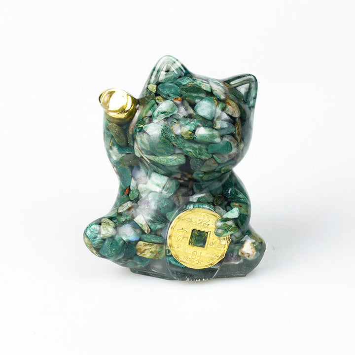 Buddha Stones Moneda de cobre con forma de gato de la suerte, turquesa, labradorita, cristal rosa y amatista. Decoración para el hogar. - Ágata verde - Aproximadamente 5,5*6*4 cm - image 16