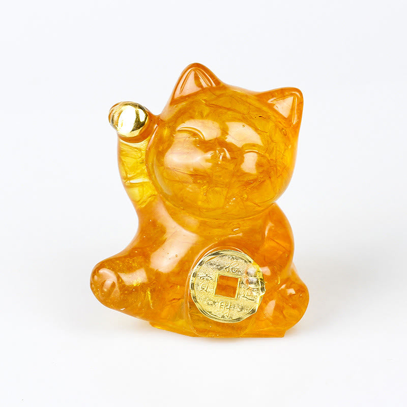 Buddha Stones Moneda de cobre con forma de gato de la suerte, turquesa, labradorita, cristal rosa y amatista. Decoración para el hogar. - Citrino - Aproximadamente 5,5*6*4 cm - image 23