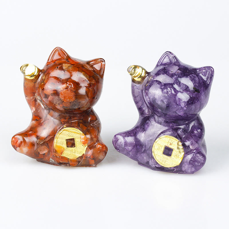 Buddha Stones Moneda de cobre con forma de gato de la suerte, turquesa, labradorita, cristal rosa y amatista. Decoración para el hogar. - image 0
