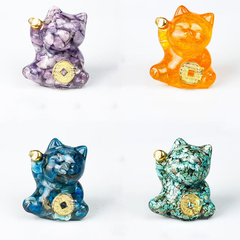 Buddha Stones Moneda de cobre con forma de gato de la suerte, turquesa, labradorita, cristal rosa y amatista. Decoración para el hogar. - image 30