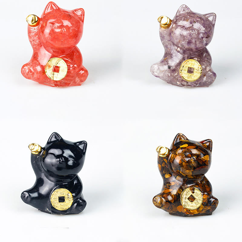 Buddha Stones Moneda de cobre con forma de gato de la suerte, turquesa, labradorita, cristal rosa y amatista. Decoración para el hogar. - image 29
