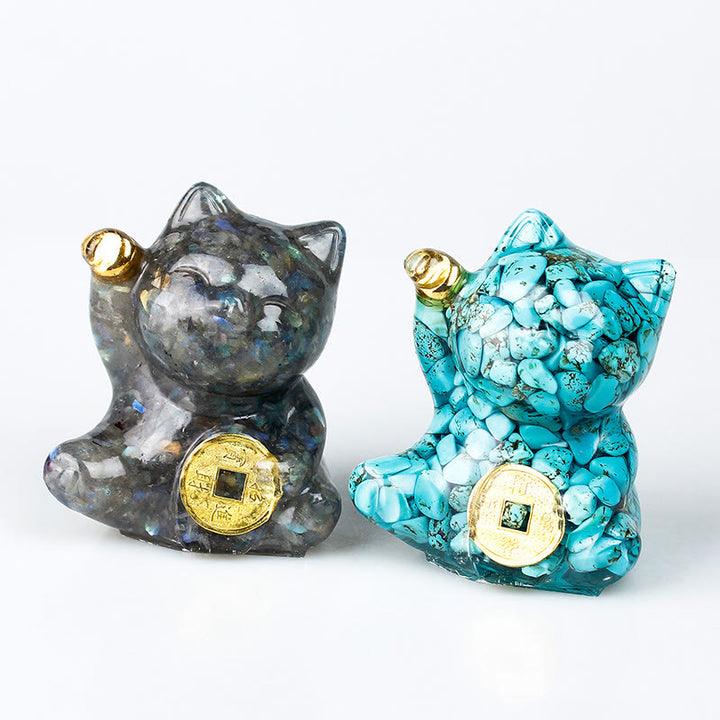 Buddha Stones Moneda de cobre con forma de gato de la suerte, turquesa, labradorita, cristal rosa y amatista. Decoración para el hogar. - image 33