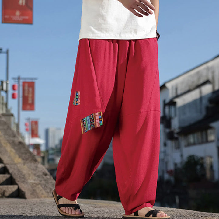 Pantalones anchos de algodón con cordón y bolsillos para hombre, con diseño de patchwork sencillo y Buddha Stones - image 23