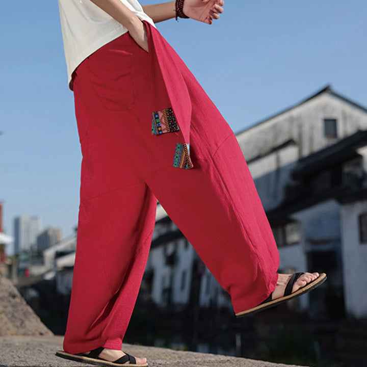 Pantalones anchos de algodón con cordón y bolsillos para hombre, con diseño de patchwork sencillo y Buddha Stones - image 22