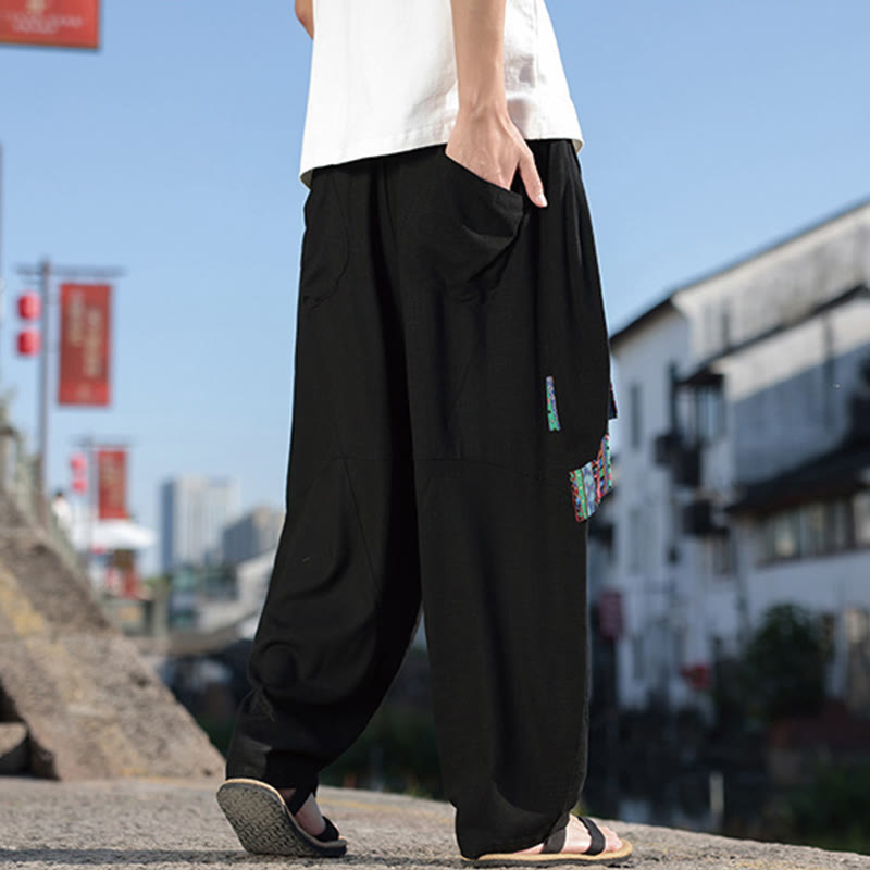 Pantalones anchos de algodón con cordón y bolsillos para hombre, con diseño de patchwork sencillo y Buddha Stones - image 3