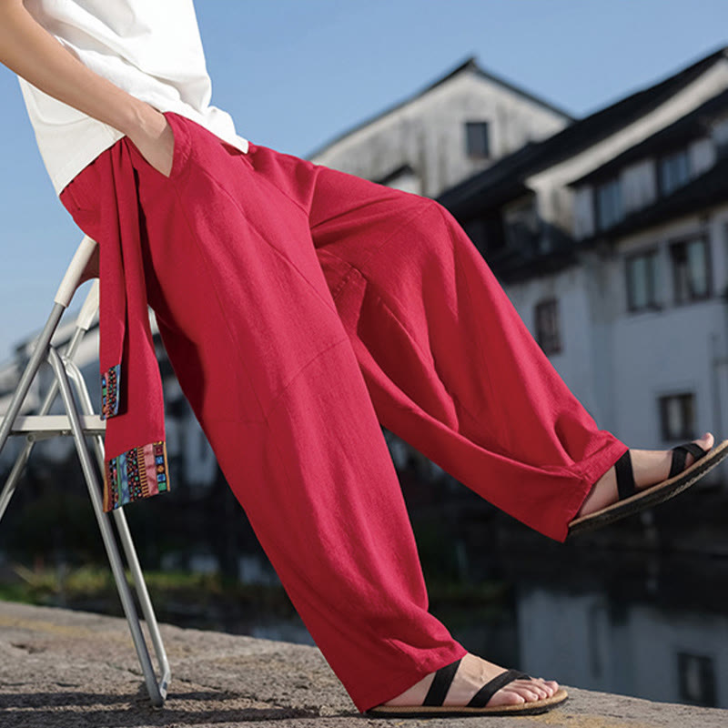 Pantalones anchos de algodón con cordón y bolsillos para hombre, con diseño de patchwork sencillo y Buddha Stones - image 24