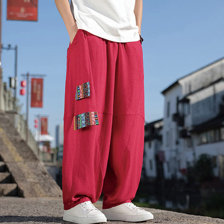 Pantalones anchos de algodón con cordón y bolsillos para hombre, con diseño de patchwork sencillo y Buddha Stones - image 19