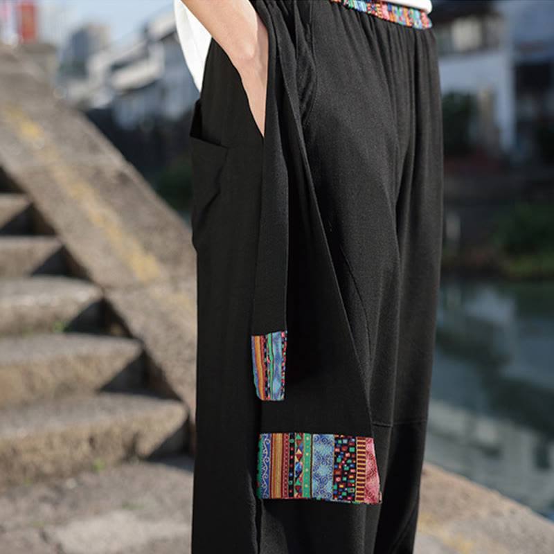 Pantalones anchos de algodón con cordón y bolsillos para hombre, con diseño de patchwork sencillo y Buddha Stones - image 12