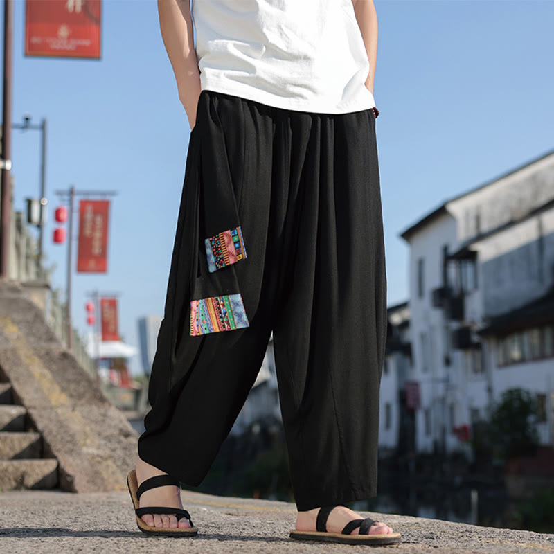 Pantalones anchos de algodón con cordón y bolsillos para hombre, con diseño de patchwork sencillo y Buddha Stones - image 9