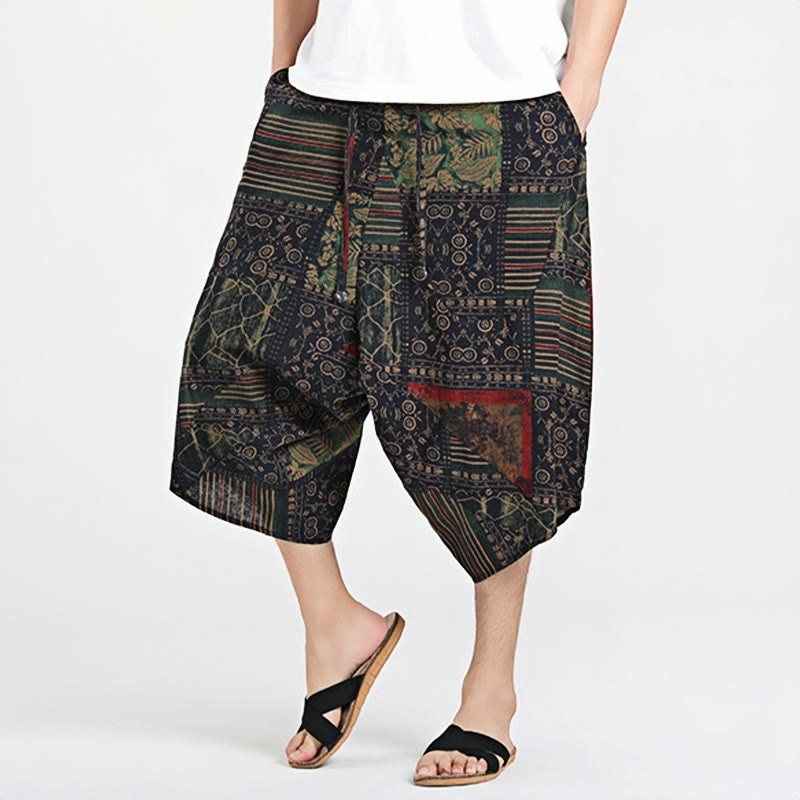 Pantalones harén de algodón para hombre, con cordón, estampado étnico de Buddha Stones, de 7 a 8 pulgadas de largo y bolsillos - Negro - US/UK/AU46, EU56 (5XL) - image 0