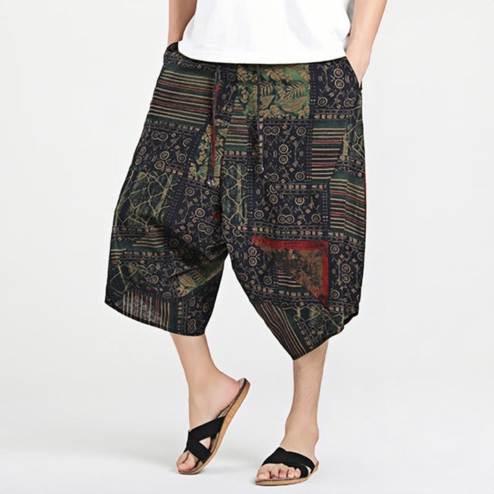 Pantalones harén de algodón para hombre, con cordón, estampado étnico de Buddha Stones, de 7 a 8 pulgadas de largo y bolsillos - Negro - US/UK/AU46, EU56 (5XL) - image 0