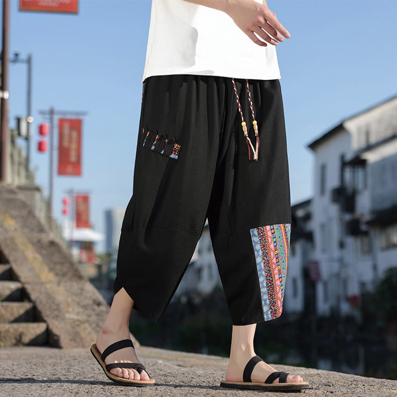 Pantalones anchos de algodón con cordón y bolsillos para hombre, con diseño de patchwork bohemio y Buddha Stones - image 7