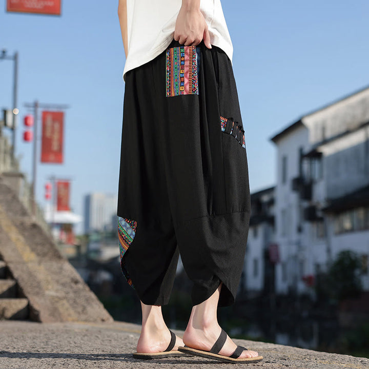 Pantalones anchos de algodón con cordón y bolsillos para hombre, con diseño de patchwork bohemio y Buddha Stones - image 6