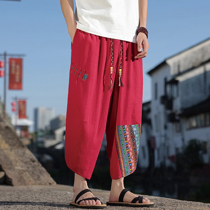 Pantalones anchos de algodón con cordón y bolsillos para hombre, con diseño de patchwork bohemio y Buddha Stones - image 17