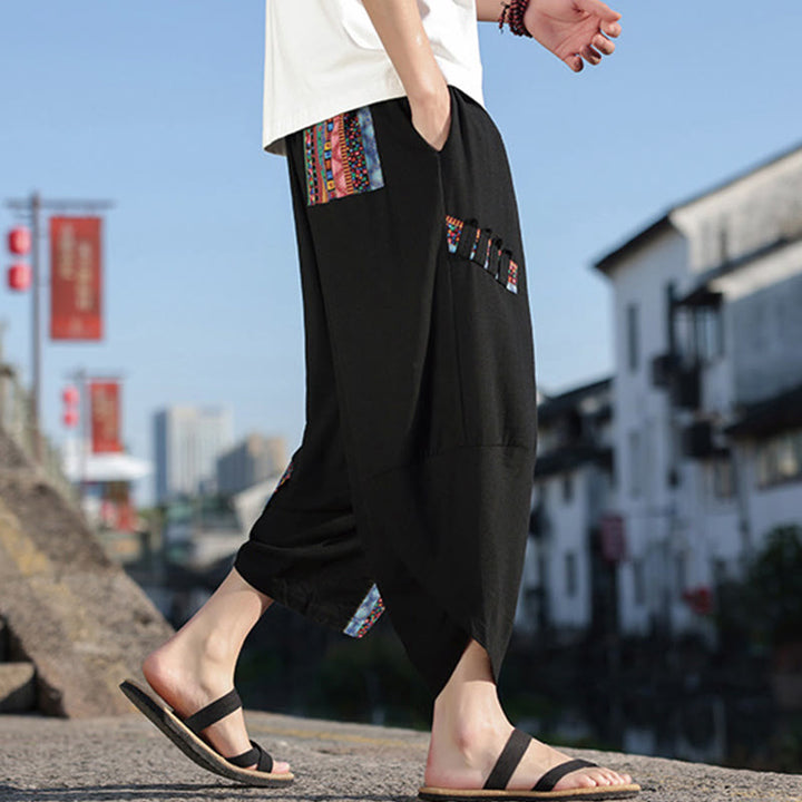 Pantalones anchos de algodón con cordón y bolsillos para hombre, con diseño de patchwork bohemio y Buddha Stones - Negro - US/UK/AU46, EU56 (5XL) - image 0