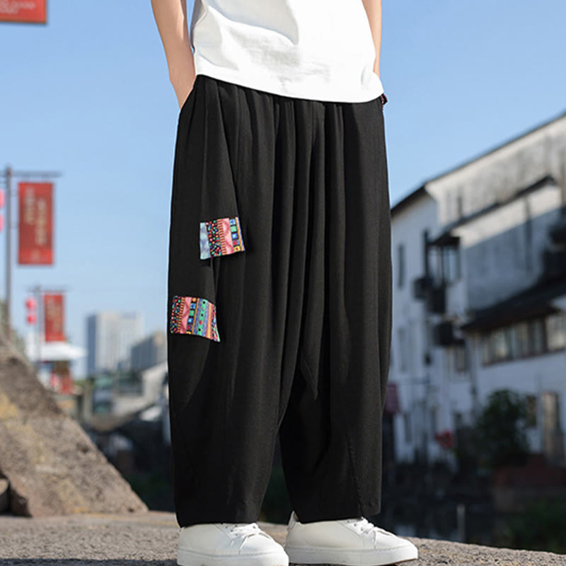 Pantalones anchos de algodón suave con cordón y bolsillos para hombre, con diseño de patchwork sencillo y Buddha Stones - image 19
