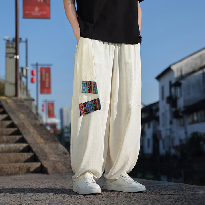 Pantalones anchos de algodón suave con cordón y bolsillos para hombre, con diseño de patchwork sencillo y Buddha Stones - image 9