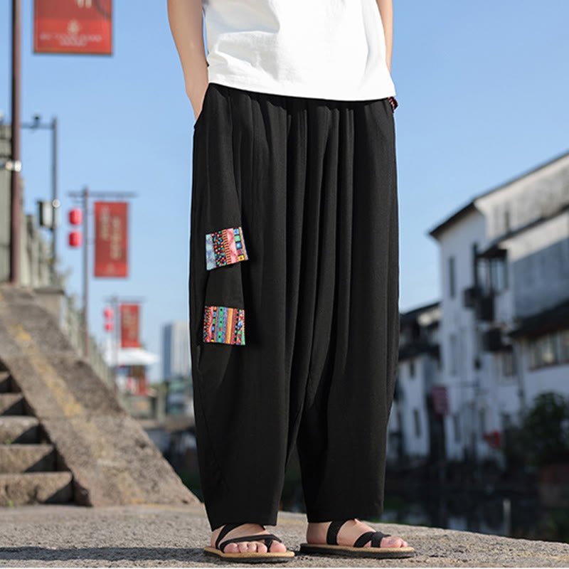 Pantalones anchos de algodón suave con cordón y bolsillos para hombre, con diseño de patchwork sencillo y Buddha Stones - image 14