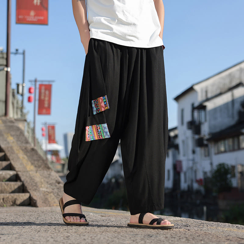 Pantalones anchos de algodón suave con cordón y bolsillos para hombre, con diseño de patchwork sencillo y Buddha Stones - Negro - US/UK/AU46, EU56 (5XL) - image 11