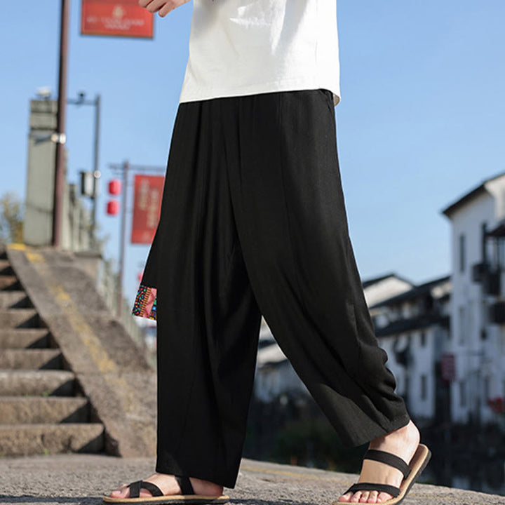 Pantalones anchos de algodón suave con cordón y bolsillos para hombre, con diseño de patchwork sencillo y Buddha Stones - image 13