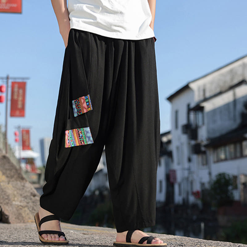 Pantalones anchos de algodón suave con cordón y bolsillos para hombre, con diseño de patchwork sencillo y Buddha Stones - image 15