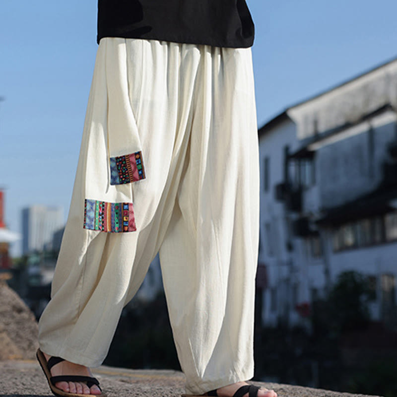 Pantalones anchos de algodón suave con cordón y bolsillos para hombre, con diseño de patchwork sencillo y Buddha Stones - image 6
