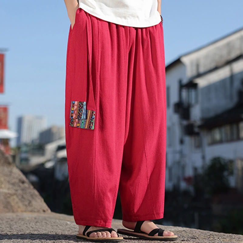 Pantalones anchos de algodón suave con cordón y bolsillos para hombre, con diseño de patchwork sencillo y Buddha Stones - image 27