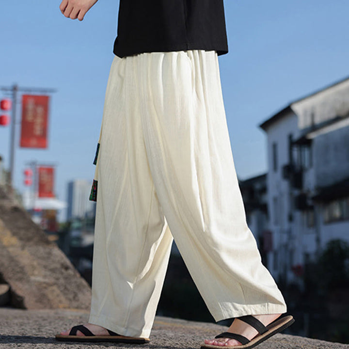 Pantalones anchos de algodón suave con cordón y bolsillos para hombre, con diseño de patchwork sencillo y Buddha Stones - image 3