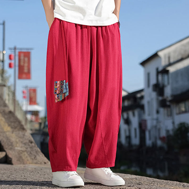 Pantalones anchos de algodón suave con cordón y bolsillos para hombre, con diseño de patchwork sencillo y Buddha Stones - image 31
