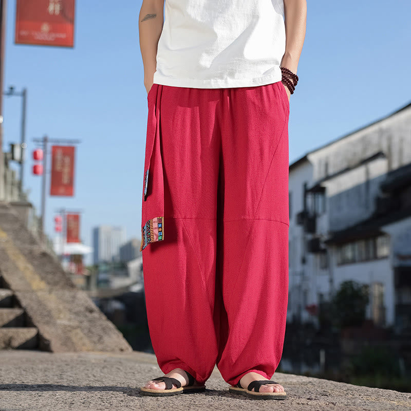 Pantalones anchos de algodón suave con cordón y bolsillos para hombre, con diseño de patchwork sencillo y Buddha Stones - image 30