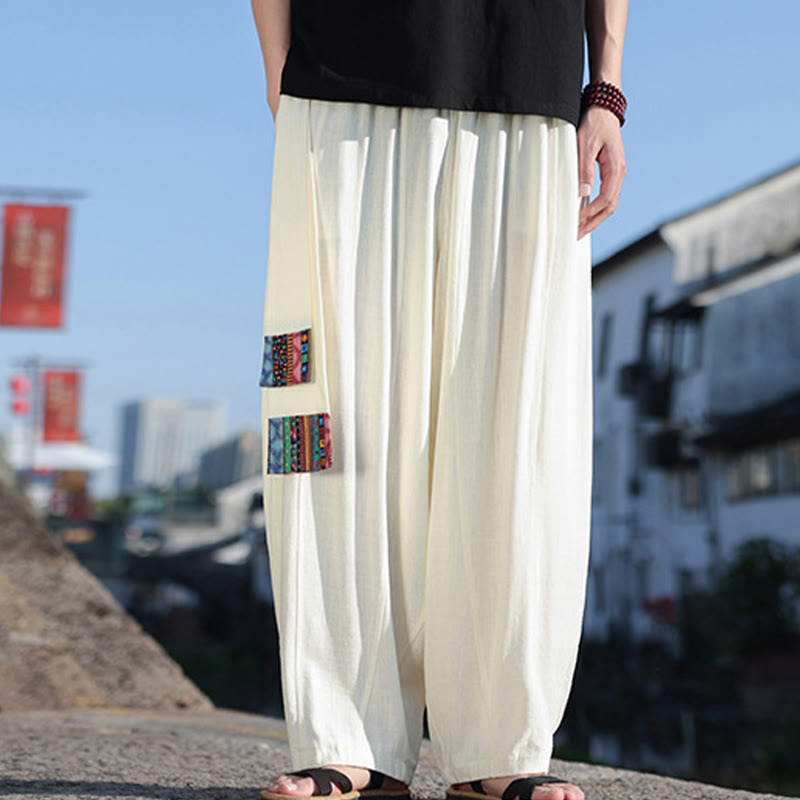 Pantalones anchos de algodón suave con cordón y bolsillos para hombre, con diseño de patchwork sencillo y Buddha Stones - image 1