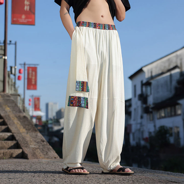 Pantalones anchos de algodón suave con cordón y bolsillos para hombre, con diseño de patchwork sencillo y Buddha Stones - image 7
