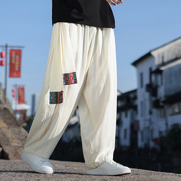 Pantalones anchos de algodón suave con cordón y bolsillos para hombre, con diseño de patchwork sencillo y Buddha Stones - image 8