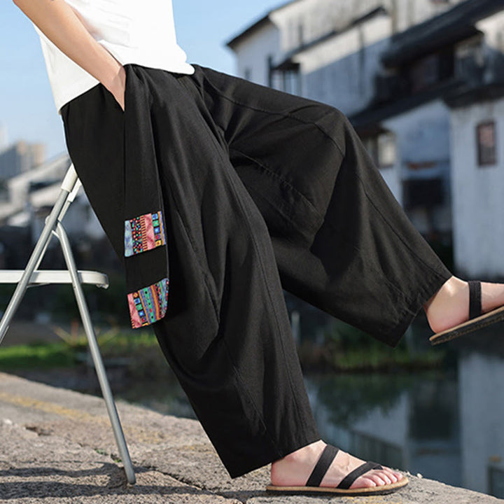 Pantalones anchos de algodón suave con cordón y bolsillos para hombre, con diseño de patchwork sencillo y Buddha Stones - image 17