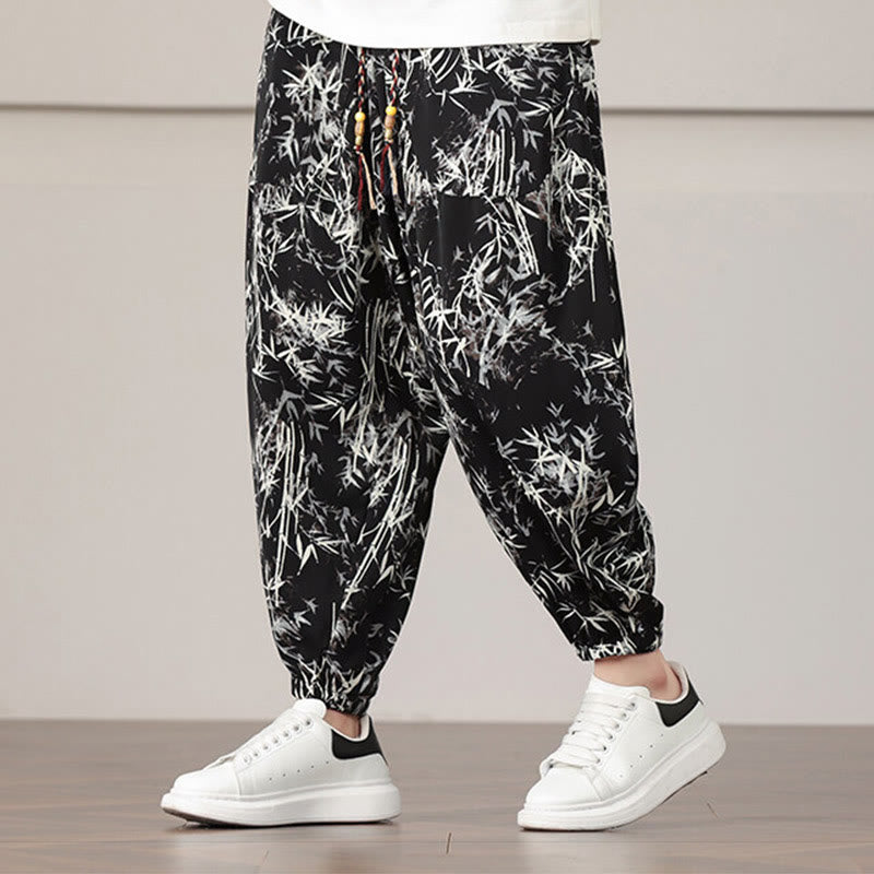 Pantalones harén con cordón y bolsillos para hombre con estampado de hojas de bambú y Buddha Stones - image 17