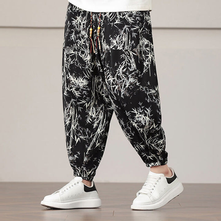 Pantalones harén con cordón y bolsillos para hombre con estampado de hojas de bambú y Buddha Stones - image 17