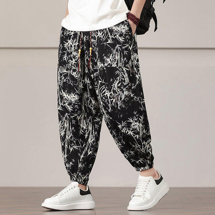 Pantalones harén con cordón y bolsillos para hombre con estampado de hojas de bambú y Buddha Stones - image 15