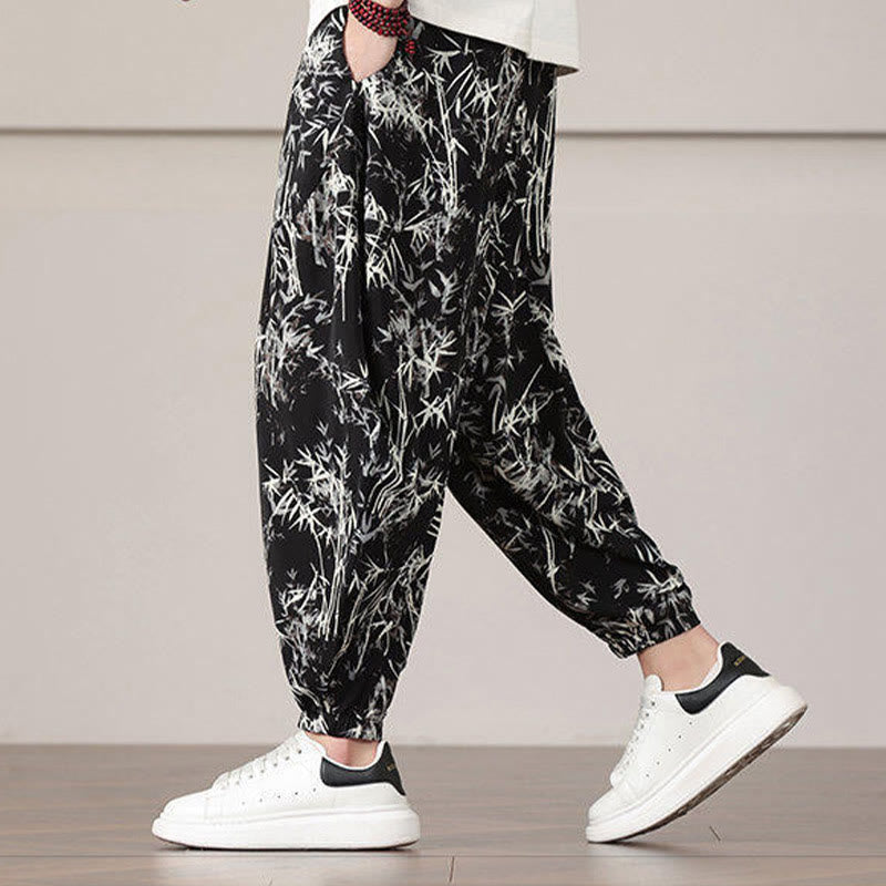 Pantalones harén con cordón y bolsillos para hombre con estampado de hojas de bambú y Buddha Stones - image 14